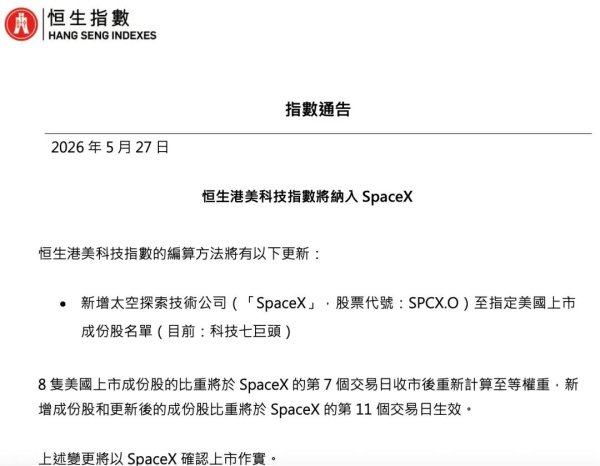 SpaceX上市倒计时 恒指公司重磅官宣：纳入！投资者有机会参与吗？