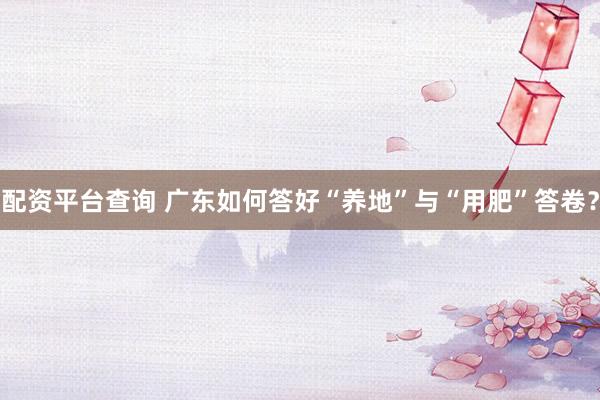 配资平台查询 广东如何答好“养地”与“用肥”答卷？